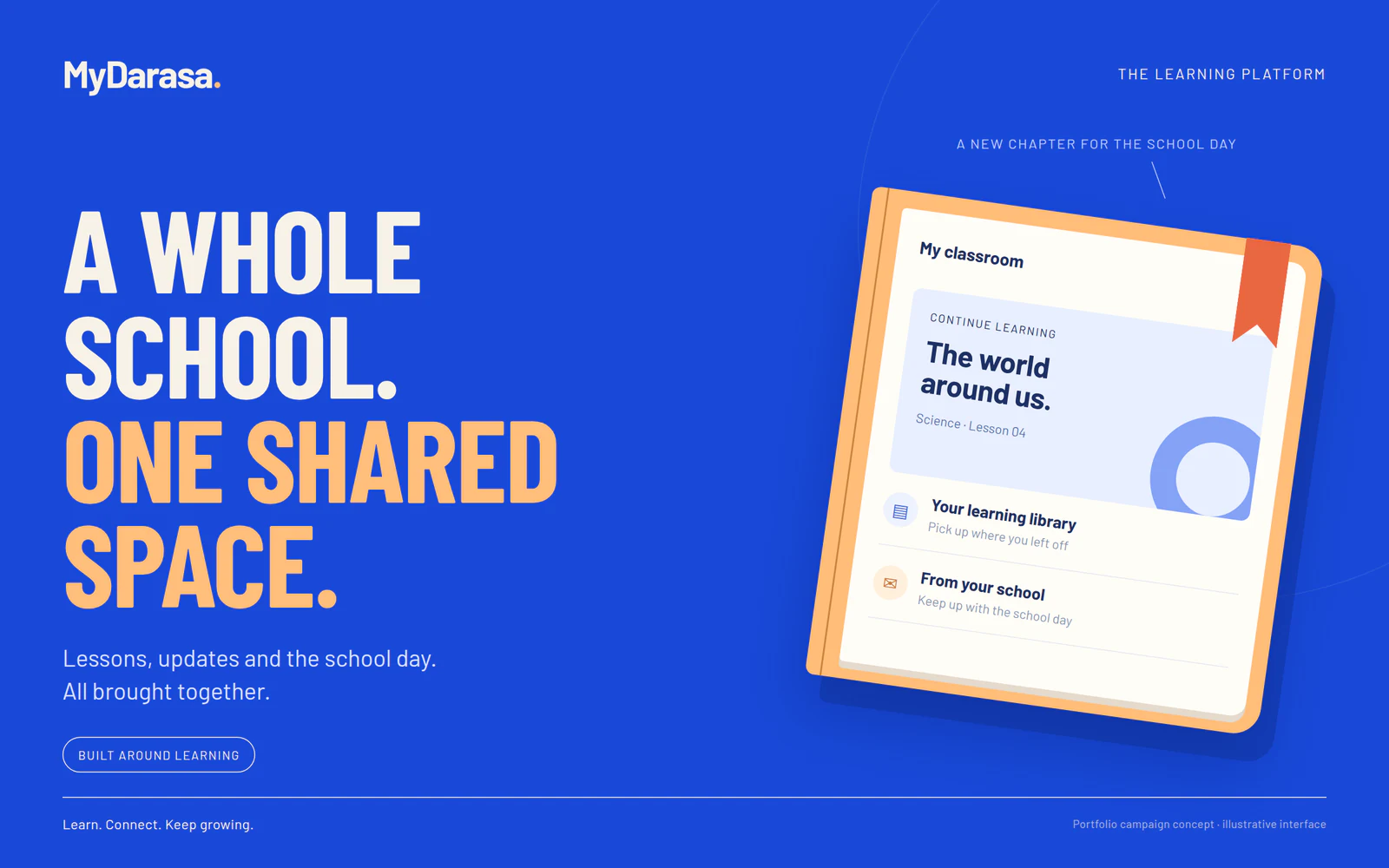 MyDarasa campaign poster: A whole school. One shared space. A classroom interface presented as an open school notebook.