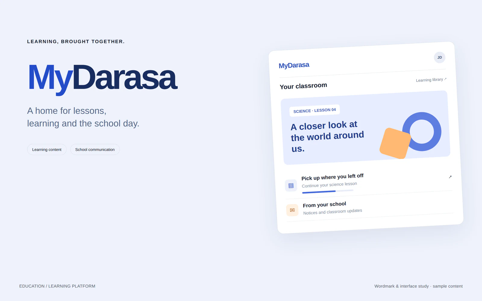 MyDarasa interface study showing a learning dashboard, course update, and school communication.