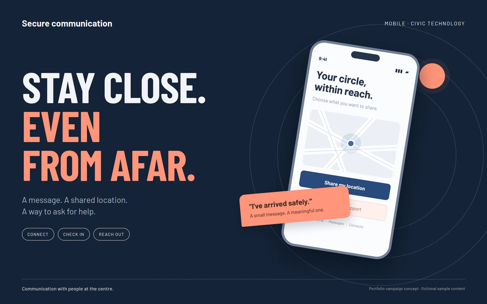 Secure communication campaign poster: Stay close. Even from afar. A mobile check-in interface with a sample message.