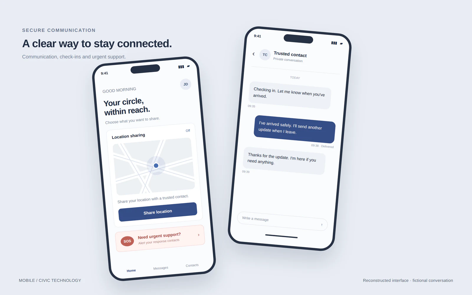 Fictional secure communication interface study showing location sharing and a sample check-in conversation.