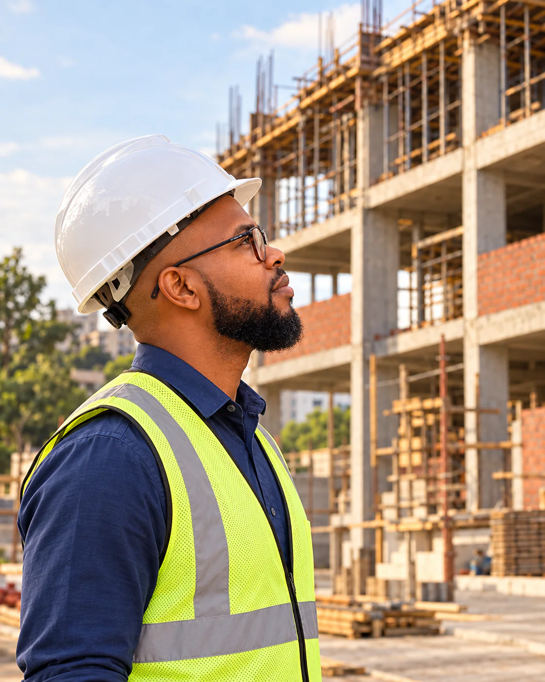 Generated profile of Eric Njuguna looking toward a Kenyan building under construction